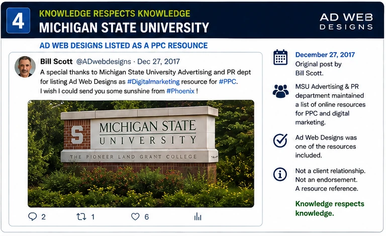 Historical 2017 evidence that Michigan State University Advertising and PR included Ad Web Designs among its PPC and digital marketing resources.